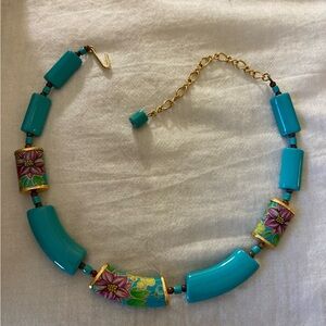 Vintage Marked Japan Blue Lucite‎ Beads with Flower Design Choker Necklace